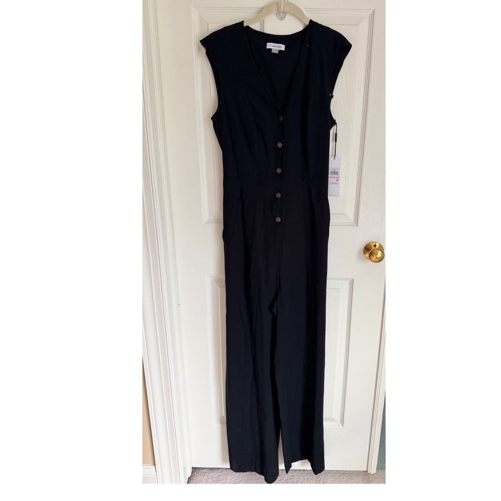 Calvin Klein Black V-Neck Button Front Belted Wide Leg Jumpsuit NWT Size 10